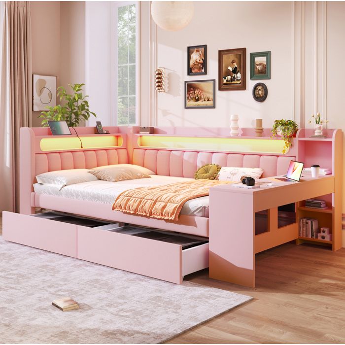Lit combiné 2 places 140 × 200 cm avec bureau 2 tiroirs USB et LED - YEAVIO - sans matelas lin rose