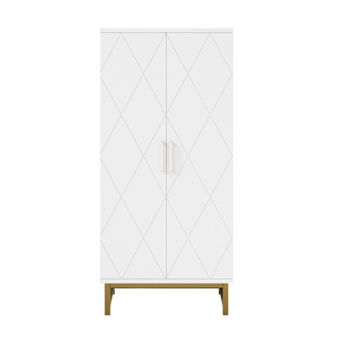 Buffet Blanc Or 60x40x130cm Armoire Rangement Étagères Réglables Petit Espace Salon Salle Manger