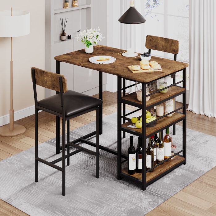 Ensemble bar rétro avec 2 tabourets et étagère acier 3 niveaux table compacte avec rangement petite cuisine charge 136 kg