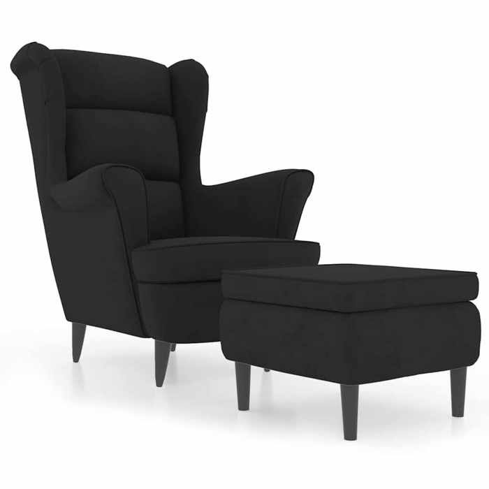 Fauteuil à oreilles avec tabouret (1 Personne) - COCO - Charge max.:150 kg - Design Élégant - Velours - Noir - accoudoirs - 78x90x