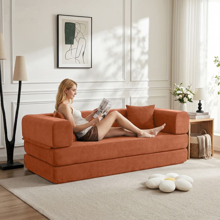 WUVRIE Canapé-lit convertible au sol 200 x 100 x 70 cm en velours côtelé orange modulable sans montage