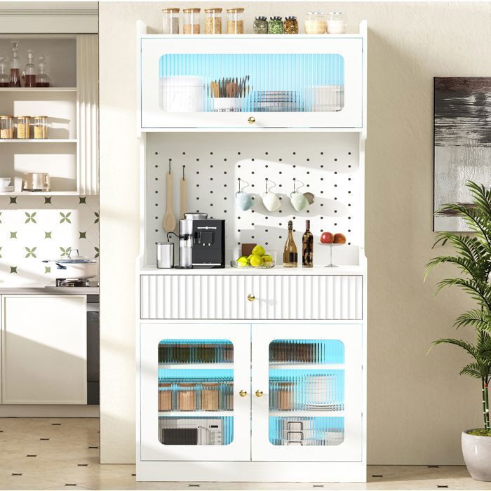 Buffet de cuisine SENVIRO highboard avec étagères réglables et tiroir 80 x 40 x 180 cm LED verre cannelé blanc