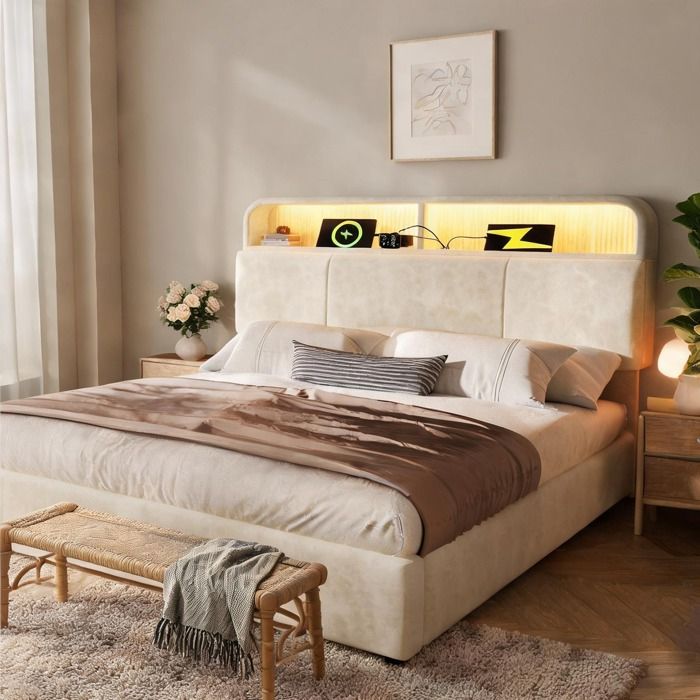 Sommier coffre 140x200 cm en velours beige lin avec tête de lit réglable éclairage LED 16 couleurs et ports USB/Type-C