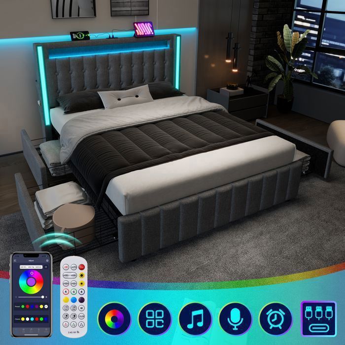 URTR Lit rembourré 140x200cm - Lit de rangement avec 4 tiroirs - Éclairage LED USB Type-C Prise - Sommier à lattestissu lin - Gris
