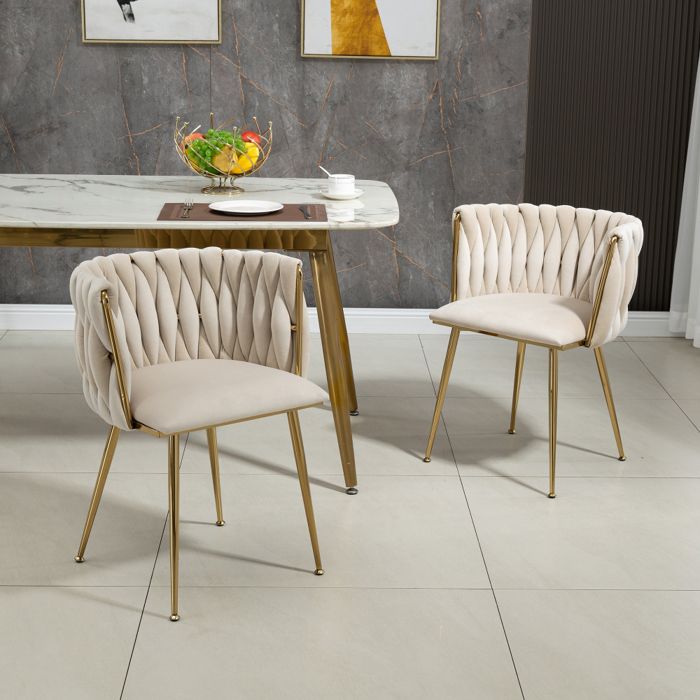 Confort moelleux chaise de salle à manger en velours dossier tressé pieds métal dorés lot de 2