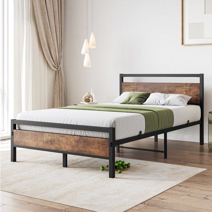 Lit simple 120×200 cm structure en métal et MDF effet bois sommier à lattes inclus rangement sous le lit sans matelas