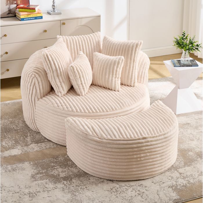 VUENOR Fauteuil de relaxation rond 168x123x63 cm beige – chenille accoudoirs dossier et repose-pieds 1 place