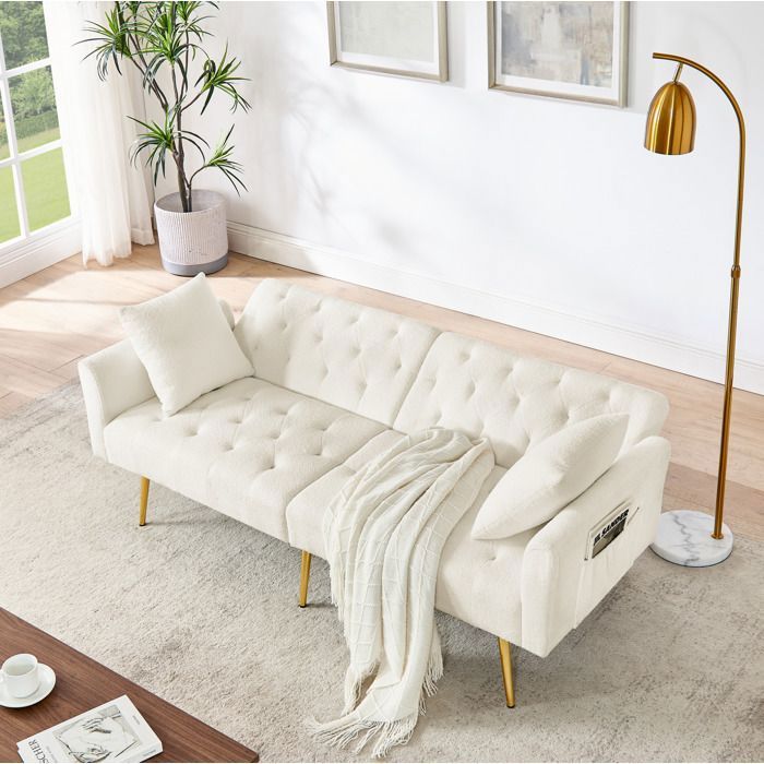 Canapé 2 places 177 cm beige en tissu teddy dossier réglable 3 positions 2 coussins inclus