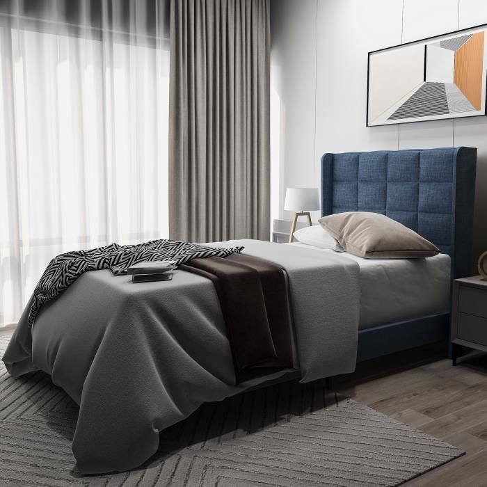 lit adulte à simple place-design moderne avec sa tête de lit capitonnée-90x200cm-bleu (sans matelas)