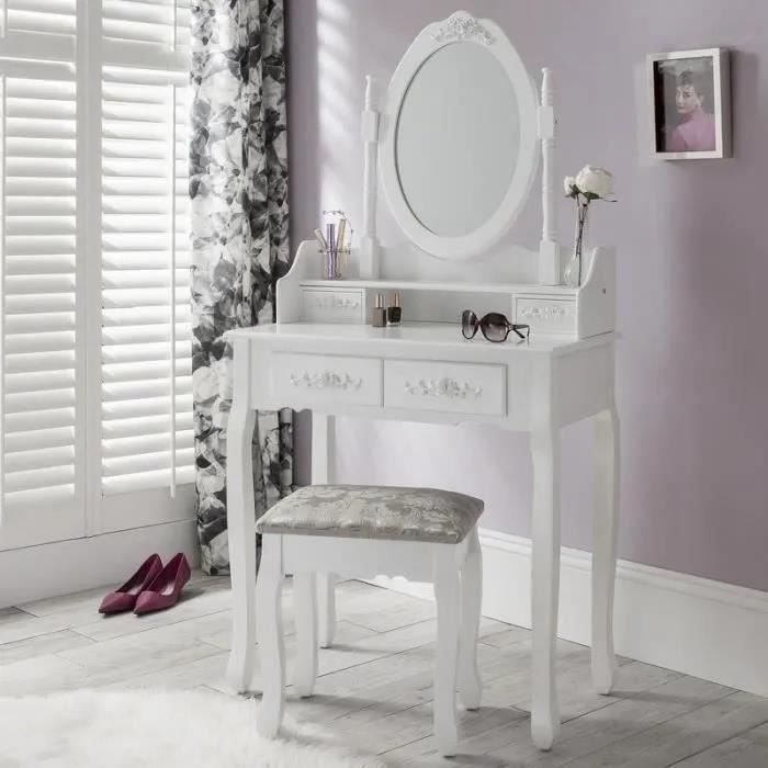 coiffeuse table de maquillage commode - marque - blanc - 4 tiroirs - miroir pivotant