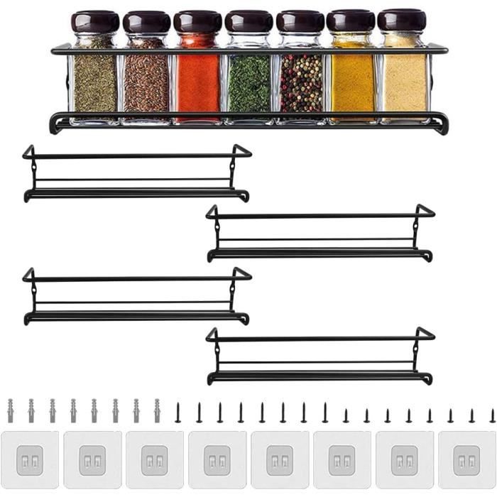Étagère à Épices Murale Noire 80 Cm Sans Perçage - Avec Fente Couteau, Crochet Et Gobelet, Rangement Cuisine Pratique