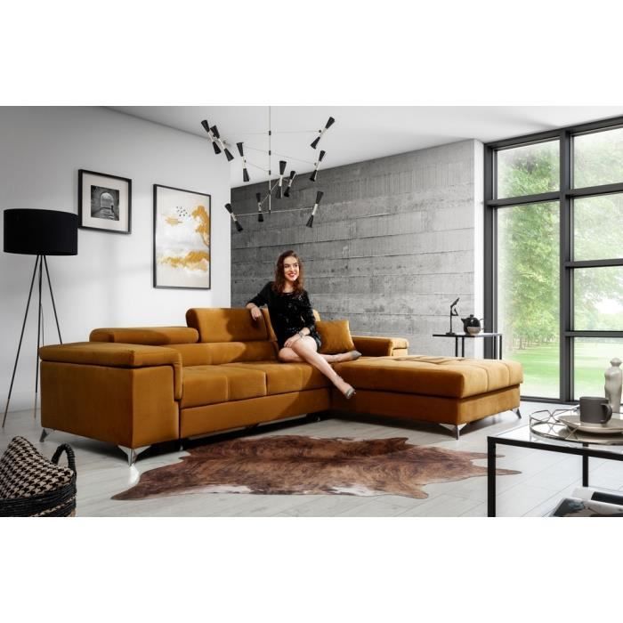 Canapé dangle convertible en tissu luxe 5 places RICHARD couleur moutarde angle droit