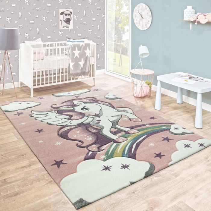 Tapis De Jeu Enfant Licorne Arc-en-Ciel Rose Crème - 160x230 Cm, Doux Et Résistant