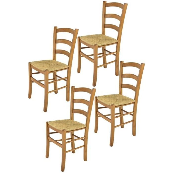 Tommychairs - Set 4 chaises cuisine VENICE robuste structure en bois de hêtre peindré en couleur chêne et assise en paille