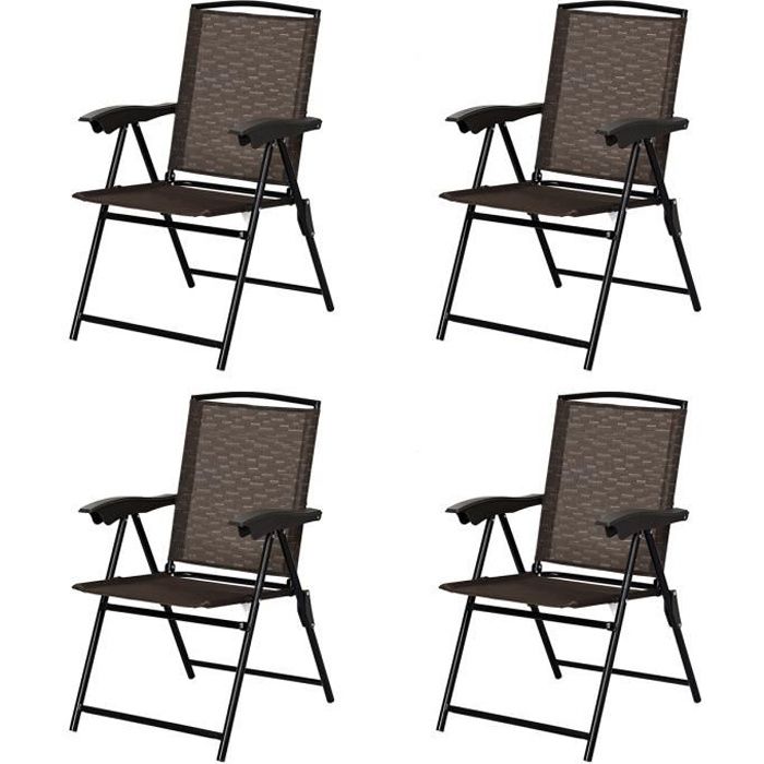 costway lot de 4 chaises de jardin pliantes dossier inclinable avec accoudoirs en acier résistantes aux intempéries extérieur marron