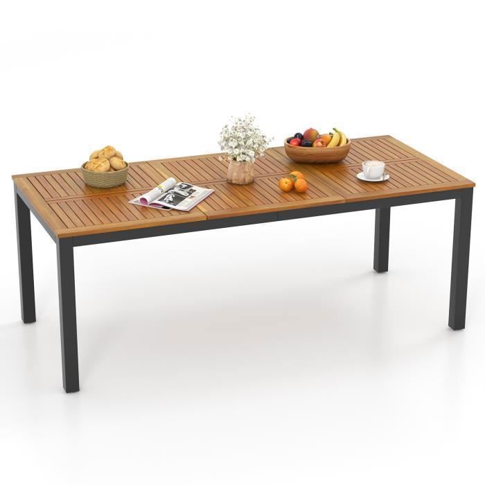 COSTWAY Table à Manger de Jardin FSC en Bois dAcacia - 8 Personnes Trou de Parasol Pieds Réglables - 200 x 90 x 75 cm
