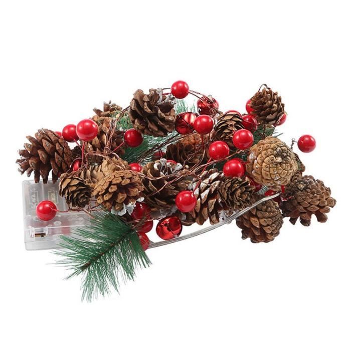 JOTOL Guirlande Lumineuse De Noël Avec Cône De Pin Rouge Berry Bell,3 M 30 LED Guirlande LED Lumineuse à Pile,pour la Décoration Extérieure,Maison,Jardin,Intérieure Fête Noël