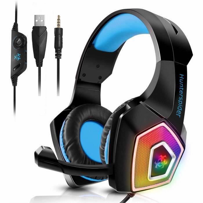 Casque Gaming PS4, Casque Gamer filaire PC avec Lumière LED, Micro