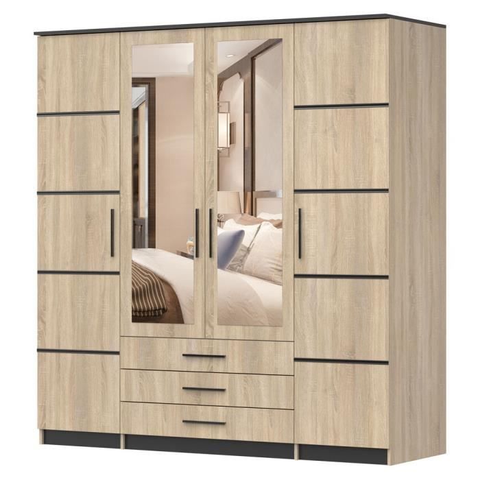 Armoire de chambre Classique avec 4 portes pivotantes, armoire avec miroir, tringle de tiroir - Sanbella 4D I (Sonoma + Noir)