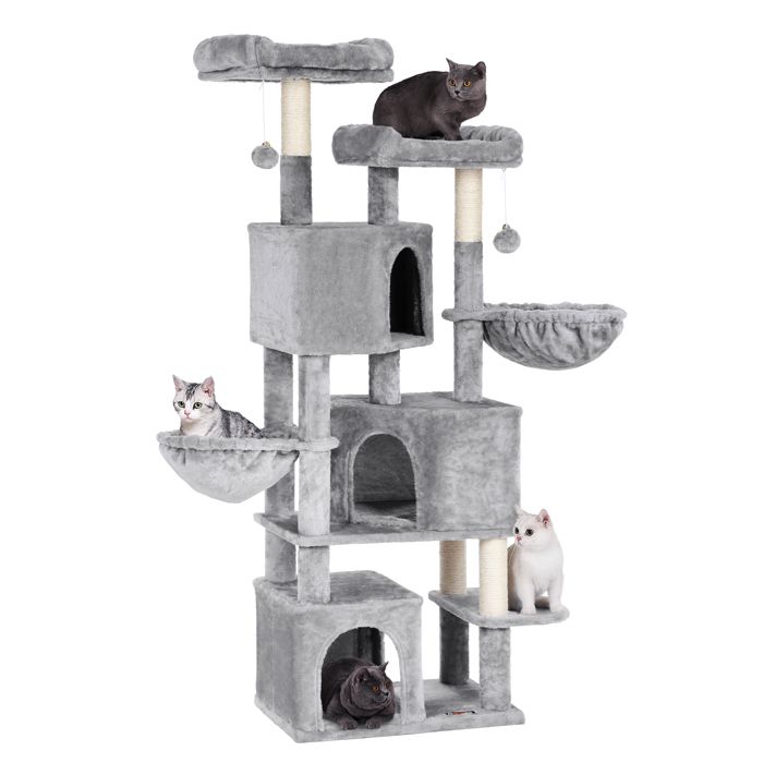 FEANDREA Grand Arbre à Chat avec 3 Niches 164 cm de Hauteur Gris Clair