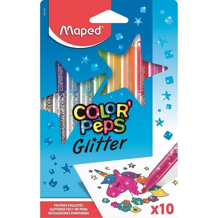 Maped - Feutres de Coloriage Glitter Color'Peps - Feutres de Couleur Encre a Paillettes Effet Metallise - Boite de 10 Feutres