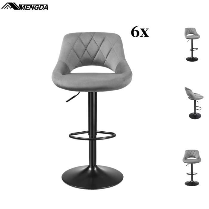 mengda 6 chaises hautes, sièges pour cuisine, revêtement velours, repose-pieds, strucutre en métal, hauteur réglable gris