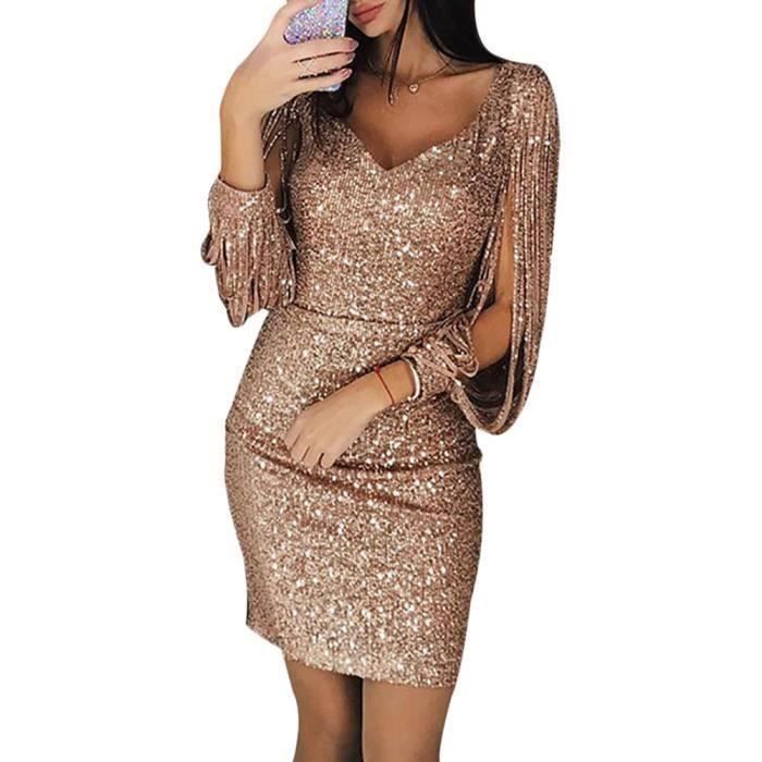 Robe de soir?�e ?� paillettes col en V manches longues ?� franges - KJEHOME - Or rose - Femme Rose 