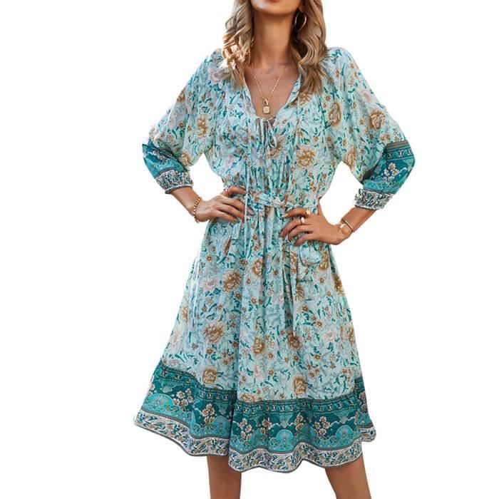 Robe Midi Femme Ete Boheme Chic de Plage Soiree Vacances Casual Imprime Fleurie Retro Robes Col V avec Ceinture Bleu Bleu Cdiscount Pret a Porter
