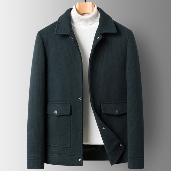 Veste Homme en Laine Couleur Unie Chaude Double Polaire sans Repassage Col Revers - Bleu