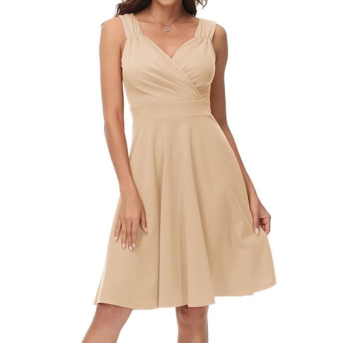 femme robe cocktail sans manches col en v cache coeur a-line evasée chic et elegante - beige yuanmeizhen