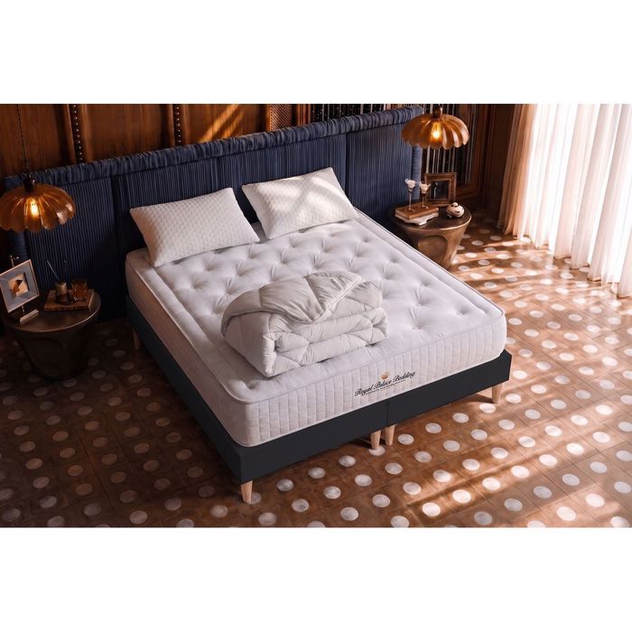 Pack matelas à mémoire de forme maxi épaisseur Buckingham 160x200cm + double sommier Noir 80x200 cm + 2 oreillers + 1 couette