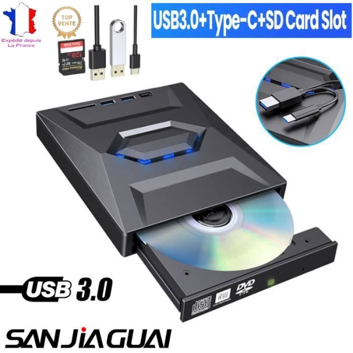 Lecteur optique externe avec ports SD / TF,Graveur Lecteur, USB 3.0 TYPE-C, CD, DVD, RW, VCD, graveur de DVD