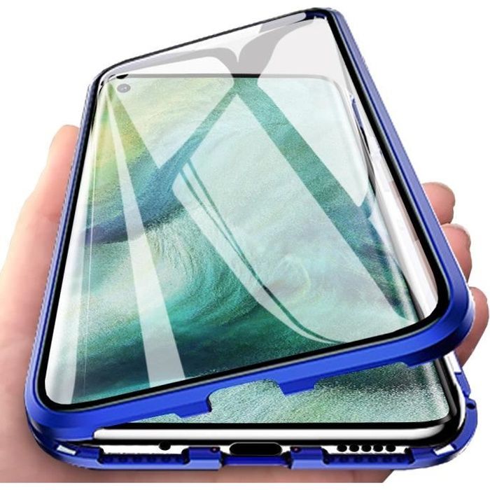 Adsorption Magnétique Coque pour Oppo Find X2 Neo Antichoc Avant arrière Verre trempé Unibody Design Protecteur de caméra Aimants puissants Cadre intégré Métal Flip Cover Bleu 
