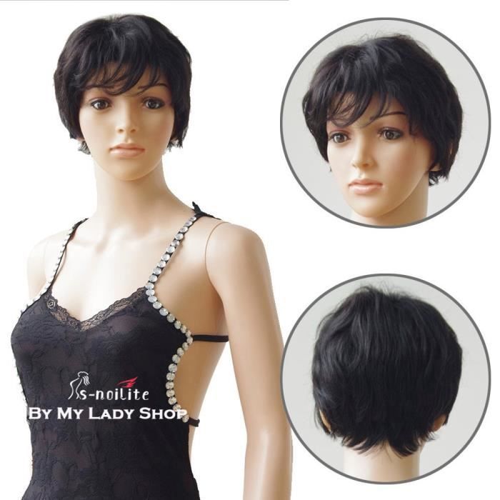 Perruque Courte 100% Cheveux Naturels Noir - Taille Moyenne, Bonnet Classique - Ref CATE 1b
