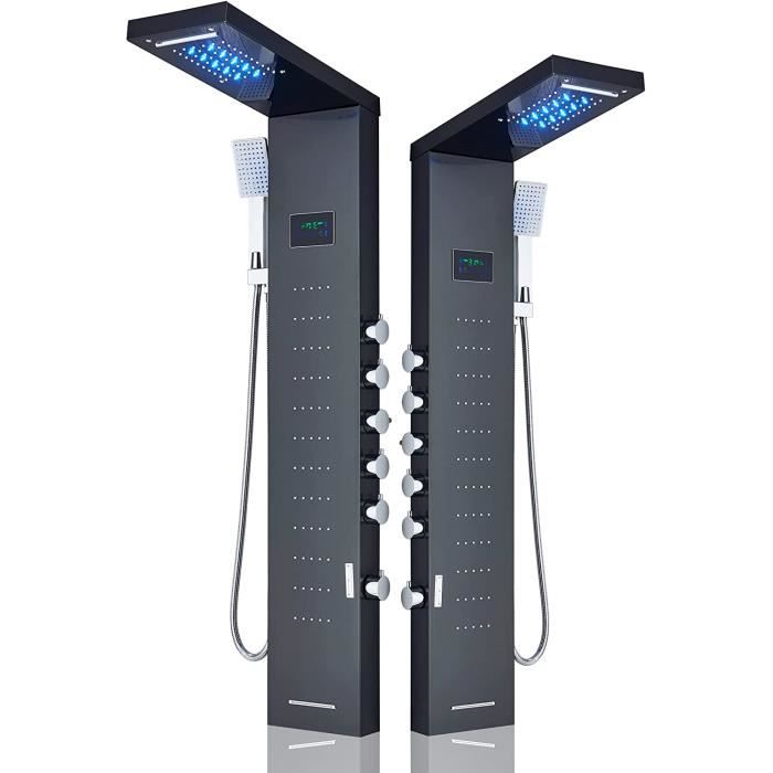 Colonne de Douche en Acier Inox - Grandes Buses Massants et LCD- Douche à Effet Pluie-Douchette à Main-Affichage LED Kit de Douch