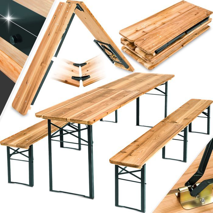 TECTAKE Table de jardin pliante 219 x 50,5 x 77,5 cm avec bancs