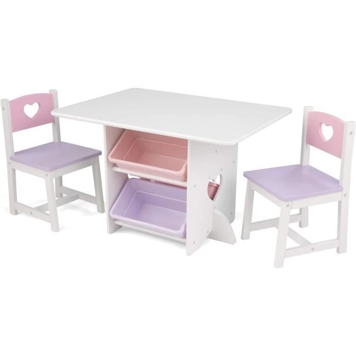 coeur ensemble table enfant et 2 chaises en bois avec 4 bacs de rangement, meuble de rangement, chambre enfant, 26913[m11552]
