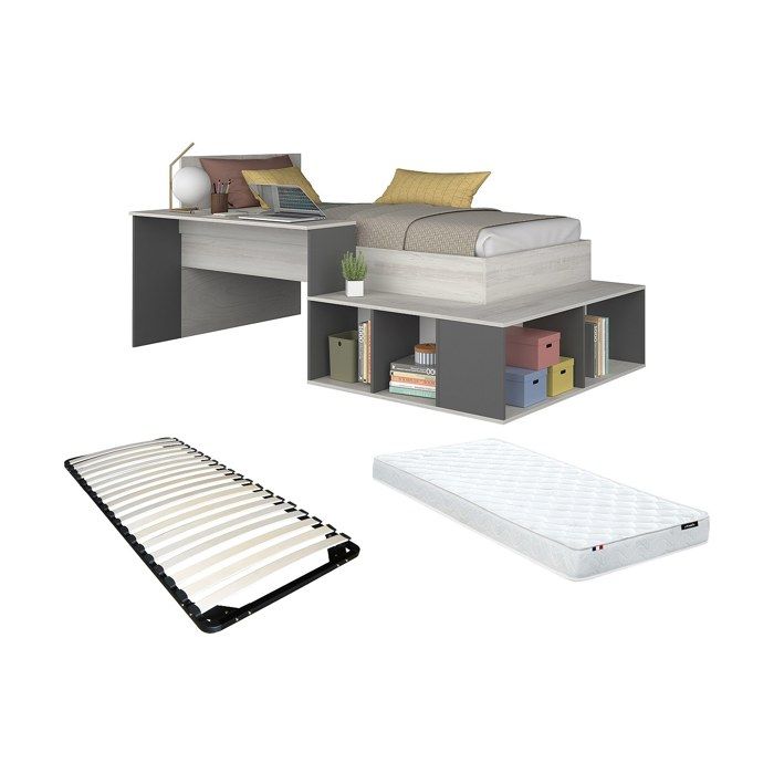 Lit combiné 90 x 200 cm avec rangements et bureau - Coloris : Naturel et anthracite + Sommier + Matelas - RIGALI Lit combiné 90 x 200 cm avec rangements et bureau - Coloris : Naturel et anthracite + Sommier + Matelas - RIGALI