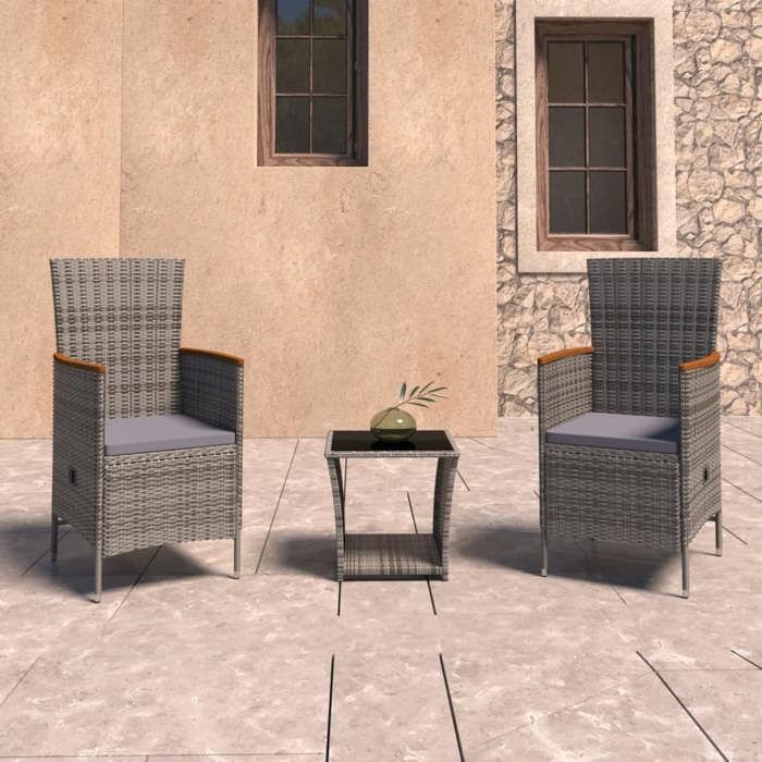 vidaXL Salon de Jardin 3 pcs avec Coussins Résine Tressée Mobilier à Dîner de Jardin Table et Chaises de Salle à Manger 3059364