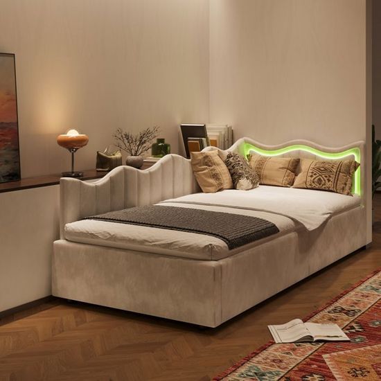 Lit cofe enfant 90x200cm beige en velours, tête de lit réglable en hauteur, sommier à lattes