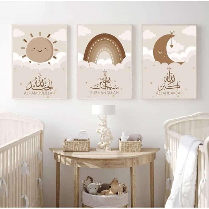 Lot 3 Affiches Ourson Bébé - Poster Chambre Enfant Beige Boho Ours Nuage Lune - 30x40cm