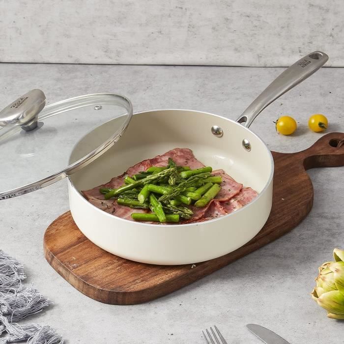 Kordisen Poêle Profonde Céramique 28 Cm Antiadhésive Avec Couvercle - Sauteuse Saine Compatible Induction - Sans PFOA/PFAS - Poignée Bois Amovible