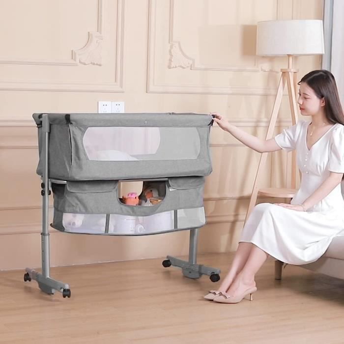LANTUS Berceau Cododo 2-en-1 Pliable Avec Matelas & Moustiquaire – Lit Bébé 0-36 Mois, Roulettes, Hauteur Réglable (Gris Foncé)