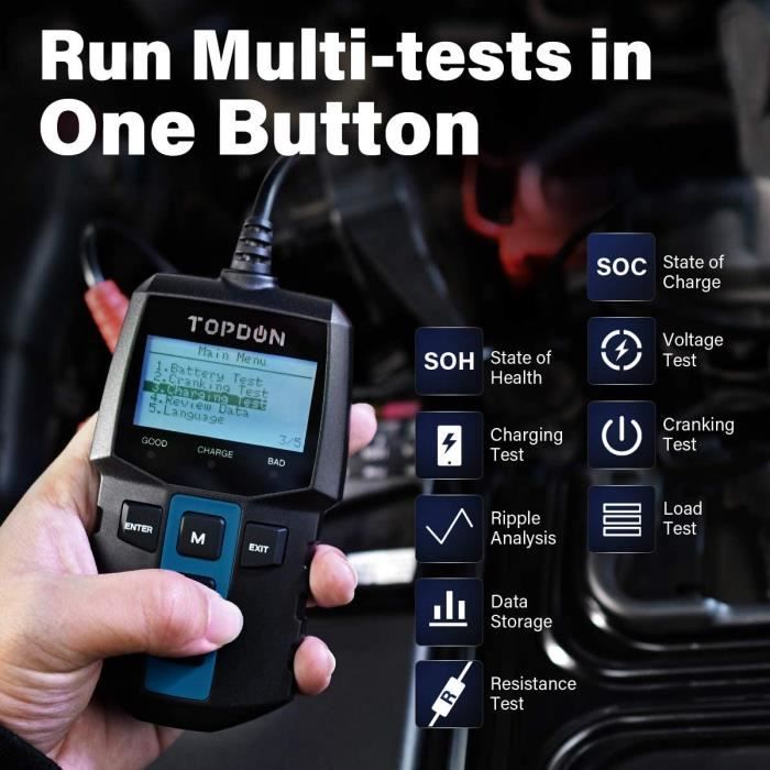 Testeur De Batterie Voiture 12V 100-2000 CCA – Analyseur Numérique Alternateur Et Démarrage – Écran Couleur