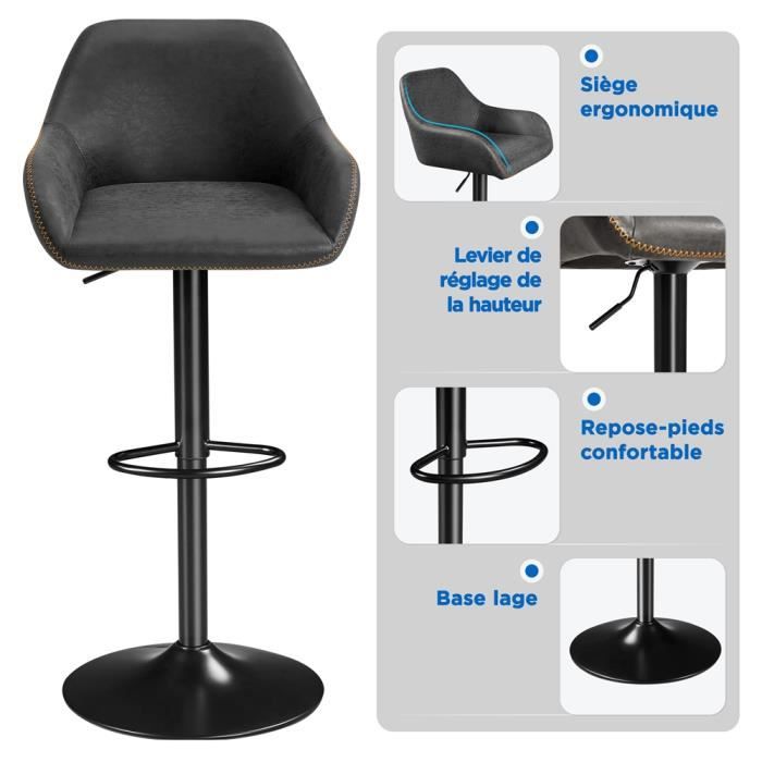 Tectake Tabouret De Bar Chaise Fauteuil Bistrot Réglable Pivotant Siège Design Noir