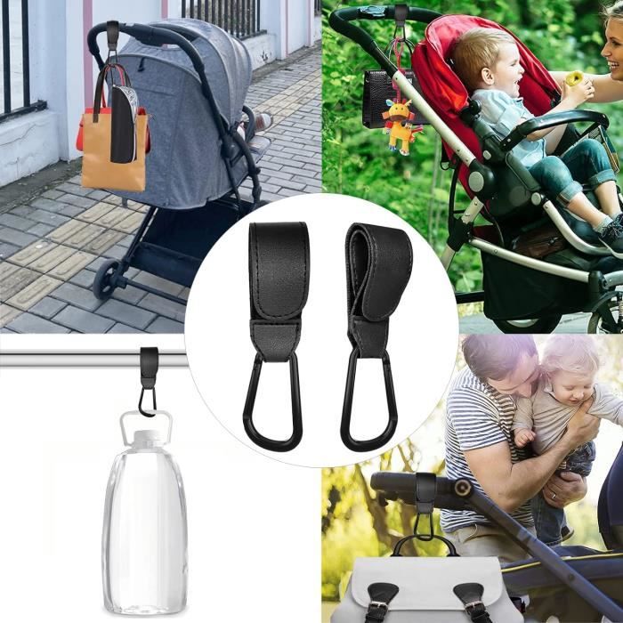 4 Crochets Poussette Réglables – Cuir Synthétique & Métal, Mousqueton, Charge 5 Kg, Universel Pour Sacs & Accessoires (Noir)