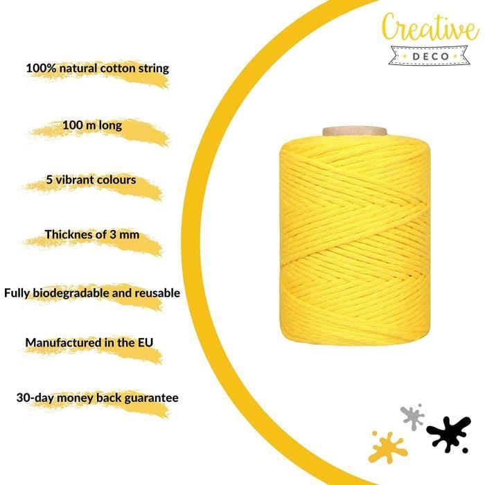 Corde Macramé Creative Deco 3mm X 200m Jaune - Fil Coton Polyester Pour Bricolage Et Décoration
