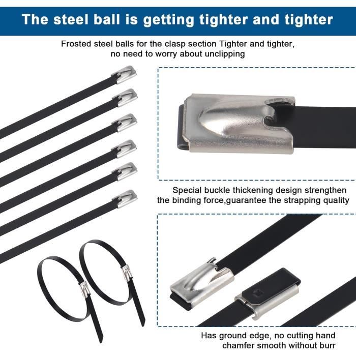 Attaches Câbles Robustes 4,6x200mm 100 Attaches Câble Acier Inoxydable 4.6x200mm - Serre-câbles Autobloquants 90kg Résistance Attache Extérieur
