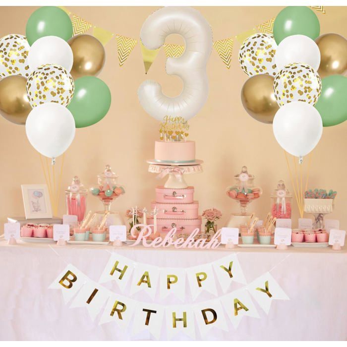 Décorations Anniversaire Vert Beige, 17 Pièces Décoration De Fête Fournitures, Deco Anniversaire Pour Filles Et Garçons, Happy Birthday Bannière, Papier Pom Poms, Birthday Decoration Vert Beige