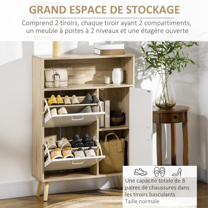 Meuble à Chaussures étroit HOMCOM - 20 Paires, 4 Tiroirs, Portes Cannelées - Pour Entrée - 105x24x91.5 Cm